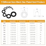 Sutemribor 1000 Pieces 9 Sizes Black Zinc Plated Steel Flat Washers for Screws Bolts, Black Washers, Metal Washers, Assorted Washers (M2 M2.5 M3 M4 M5 M6 M8 M10 M12)