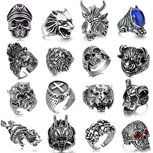 GIFIKOI 16 Pcs Vintage Punk Rings Set Gothic Biker Adjustable Rings Skeleton Skull Ring Drgon Lion Wolf Tiger Head Ring