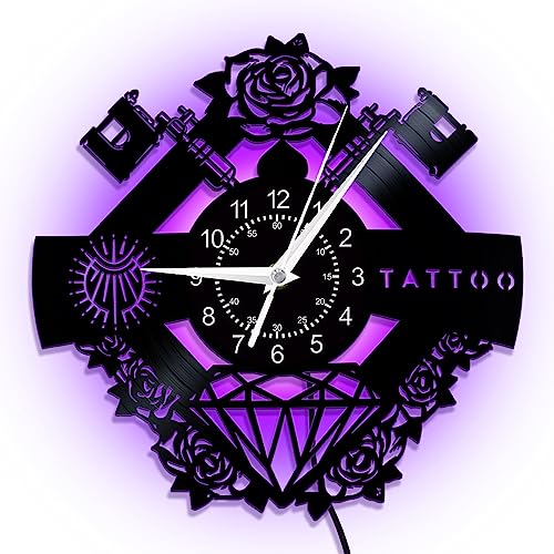 Tattoo Studio Sign LED Vinyl Record Wall Clock,Tattoo Artist Hipster Men Gift 7 Colors Changing Tattoo Silent Hanging Night Light 12 inches Wall Clock Watch for Tattoo Shop Decor