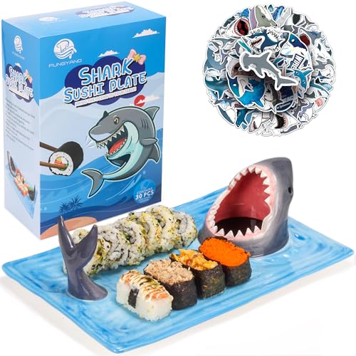 FUNGYAND Shark Sushi Plate, Hand-painted Underglaze Color Ceramics, Serving Plates for Sushi, Sashimi, Dumpling Dishwasher & Microwave Safe, Includes 40 Pcs Shark Sticks