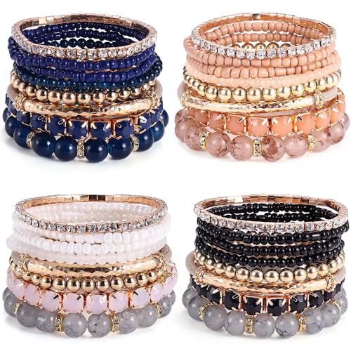 MILACOLATO 4 Sets Boho Bracelets for Women Multi-Color Layered Stackable Natural Beaded Bracelets Adjustable Stretch Bohemian Bracelets A