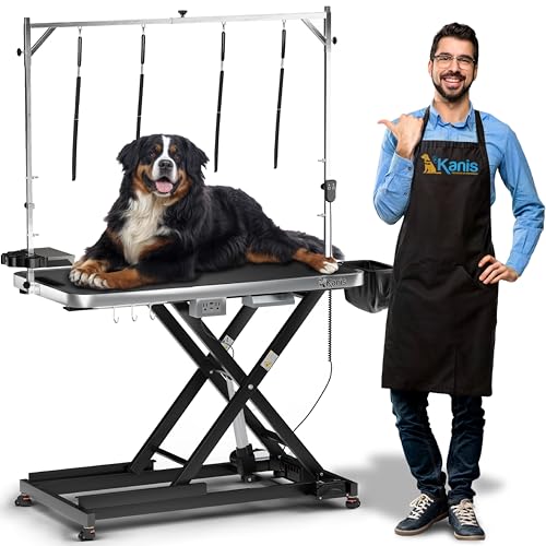 Professional Electric Dog Grooming Table - Heavy Duty, Height Adjustable Pet Grooming Table w/Leveling Wheels, Dog Grooming Arm, Anti Slip Tabletop & Tool Organizer/Dog Grooming Station (49", BLACK)