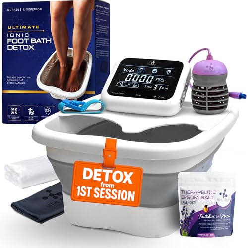 Vital Vibes Ultimate Ionic Foot Bath Detox Machine - Foot Detox Machine for Spa Bath with Touch Display - Epsom Salt & Towel - Collapsible Soaking tub -Powerful Array- Ion Wristband-Tub Liners