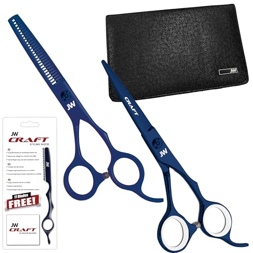 JW Shears Professional Hairdressing Shear, Thinner, Razor and Case Set (6.0" Blue)