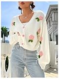 GORGLITTER Women's Floral Cardigan Button Up Long Sleeve Knit Crochet Cropped Sweaters White Floral Large