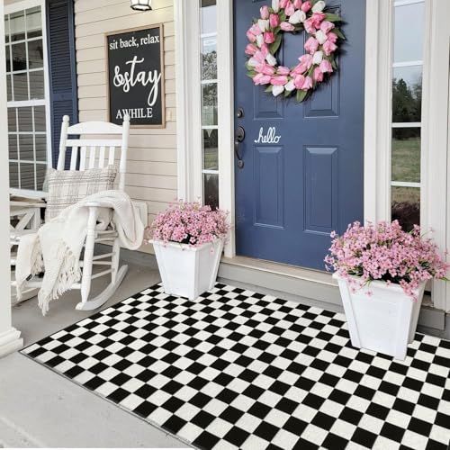 LEEVAN Black and White Checkered Area Rug 3x5 ft Machine Washable Indoor Outdoor Rug Checkerboard Moroccan Rug Front Porch Rug Cotton Welcome Doormat for Balcony/Living Room/Kitchen