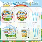 120PCS Cartoon Melon Birthday Party Supplies for Boys and Girls 1st 2rd Birthday Party School Bus Rainbow Watermelon Tableware Set Napkin Cups Forks Knives for 20 Guests