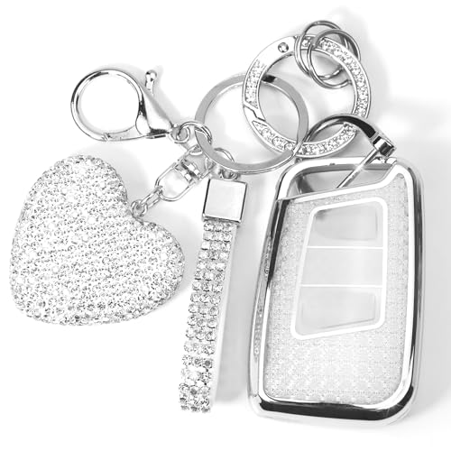 YIKECASE Key Fob Cover with Diamond Keychain Car Key Holder Compatible with VW Volkswagen Atlas Tiguan Passat Jetta GLI Taos Arteon Smart Remote Key Protector for Women, (Silver-Heart)