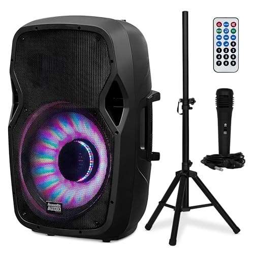 Acoustic Audio by Goldwood 1000W Bluetooth Speaker Set w/ 15" Woofer - Portable PA Sound System w/ Microphone, Adjustable Stand & Remote for Karaoke, Pool, Backyard, Beach, DJ or Tailgate Party
