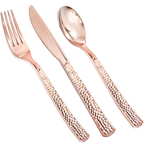 Supernal 360pcs Rose Gold Plastic Silverware,Rose Gold Utensils,Heavy Weight Rose Gold Plastic Cutlery Sets Include 120 Forks,120 Spoons,120 Knives,Wedding Cutlery.