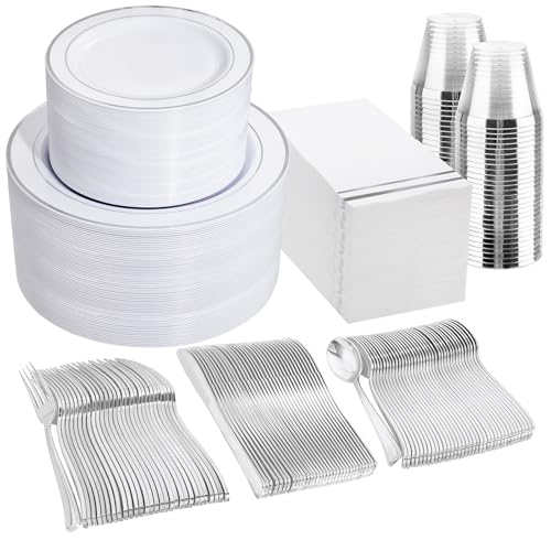 GATHER 700PCS Silver Plastic Plates - Silver Plates Set 100Guest - Disposable Dinnerware Plates 100Silver Rim Dinner Plates 100Silver Dessert Plates 100Paper Napkins&Cups&silver Plastic Silverware Set