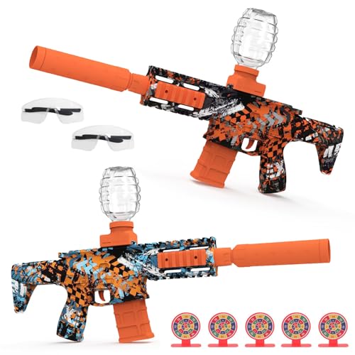 2 Pack Gel Ball Blaster Full Auto Electric Splatter Ball Toy 10 Rounds Per Seconds with Rechargeable Batteries, Line, Goggles and Target - Outdoor Activities Team Game Toy Age 14+