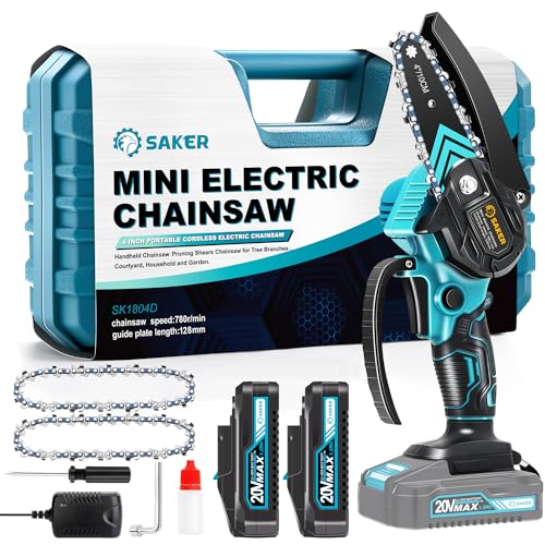 Saker Mini Chainsaw,Portable Electric Cordless Chainsaw,Battery Powered,Small Power Handheld Chain Saws Pruning Shears for Tree Branches,Gift for Men Dad Women(2 Batteries&3 Chains)