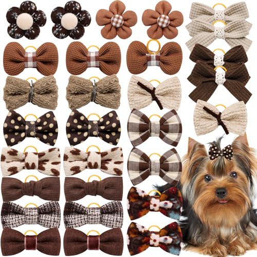 Mruq pet 20pc Brown Small Dog Hair Bows, Mix Holiday Dog Hair Bows for Yorkie Dogs, Puppy Dog Hair Accessories with Rubber Bands, Top Knot for Daily Use