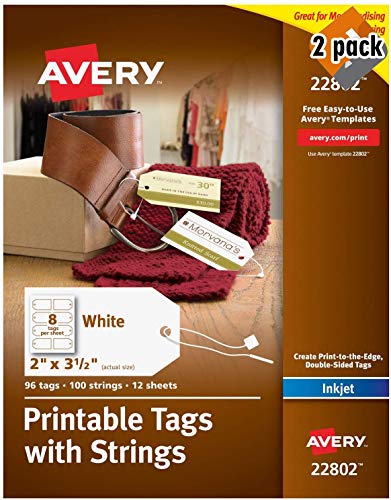 Avery Printable Tags for Inkjet Printers Only, Tags with Strings, 2" x 3.5", 96 Tags (22802), 2 Pack