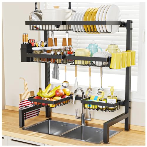 SNSLXH 3 Tiers 6 Baskets Dish Drying Rack, 24.8"-35.4",Over Sink Dish Drying Rack, 3-Tier Large Sink Rack for Kitchen, Extensible and Adjustable, Saving Kitchen Space