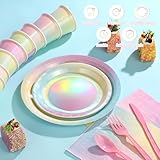 Iridescent Pastel Rainbow Party Decorations Serve 25, Holographic Pastel Paper Plates and Napkins, Disposable Iridescent Rainbow Party Plates Cups Napkins for Girls Birthday Wedding Baby Shower Party