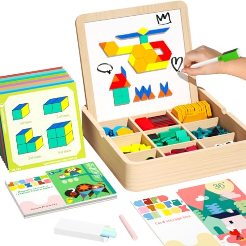edutree Wooden Magnetic Pattern Block Set with Cards & Pen, 248 Pcs Montessori Creative Magnetic Puzzle Toys for Toddlers 4-8, Learning Educational STEM Tangrams for Kids Boys Girls 4 5 6 7 8