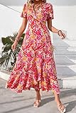 PRETTYGARDEN Women's Summer Wrap Maxi Dress Casual Boho Floral V Neck Short Sleeve Ruffle Hem Split Beach Long Dresses (Pink Yellow Floral,Medium)