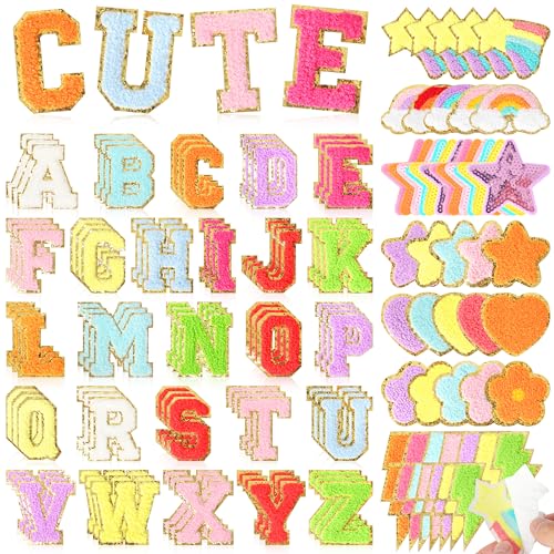 Chenille Letter Patches Self-Adhesive for Clothing: KINGSOW Preppy 129PCS Varsity Sew On Stickers - Cute Rainbow Lightning Sequin Star Patch for DIY Crafts Trucker Hats Makeup Bags