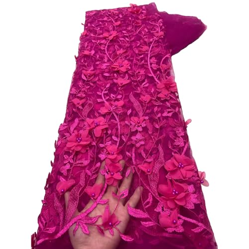 African Beaded 3D Flower Lace Fabric 5 Yards,Nigerian Swiss Tissue Cord Guipure Voile Net Lace Fabric Suitable for Party Dress Wedding Clothing and Celebrant Manual Apparel (Color-3)