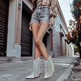 Ouepiano Cowboy Boots for Women - Cowgirl Rhinestone Boots with Sparkly Fringe Pointed Toe Western Ankle Boots & Booties Chunky Heel Pull-On Silver US Size 8