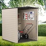 Rubbermaid Large Vertical Resin Outdoor Storage Shed With Floor (6.2 x 4.6 Ft), Weather Resistant, Beige/Brown, Organization for Home/Backyard/Garden Tools/Lawn Mower/Bike Storage/Pool Supplies