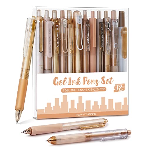 Four Candies Moor Series Gel Pens, Aesthetic Black & Brown Ink Pens with 0.5 mm Fine Point, Boho School Office Supplies Neutral Beige Desk Accessories, Set of 12