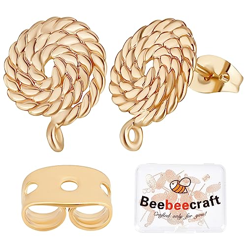 Beebeecraft 20Pcs 18K Gold Plated Stud Earrings with Loop Twisted Flat Round Earring Findings with 20Pcs Butterfly Earring Backs for Valentine's Day Jewelry Making