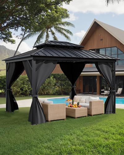 KYBOLT 10x14 Ft Hardtop Gazebos with Heavy Duty Double Roof, Nettings and Curtains Galvanized Steel Outdoor Gazebos for Patio, Backyard, Deck, Lawn (Grey)