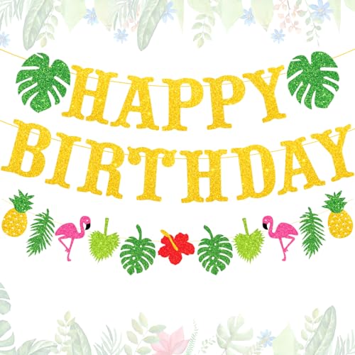 Hawaiian Luau Birthday Party Decorations, 26pcs Gold Glitter Tropical Happy Birthday Banner Sign with Flamingo Palm Tree Pineapple Tropical Garland for Summer Beach Hawaiian Theme Party Decorations