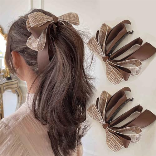 Ribbon Bow Banana Hair Clips for Women Girl，2PCS Vertical Ponytail Claw Clip Korean Style Bowknot Ponytail Claw Large Banana Clip for Thick Hair Accessories (Khaki)