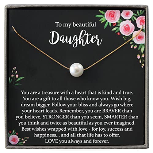 14K Gold Filled Daughter Necklace from Mom or Dad, Classic White Pearl Necklace with Meaningful Message, Ready To Gift