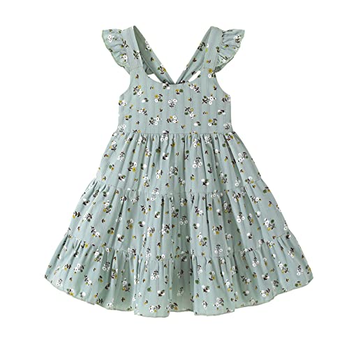 YOUNGER TREE Toddler Baby Girl Dress Summer Outfits Stripe Flutter Sleeve Smocked Dress Kids Causal Boho Dresses Clothes (4-5T, Green Floral Dress)