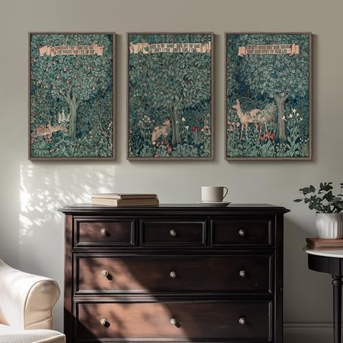 Framed William Morris Canvas Wall Art for Living Room, Large 3 Piece Vintage Green Wall Art Prints, Forest Woodland Wildlife Deer Fox Painting Wall Decor for Bedroom, Dining Room, Home Office, 16x24