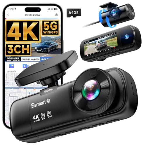 3 Channel Dash Cam, SARMERT 4K Dash Cam Front Inside and Rear with Free 64GB Card, 4K+1080P+1080P Car Camera, G-Sensor, WDR, APP, 5G WiFi, Night Vision, 24H Parking Monitor