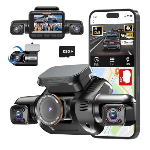 AI Dash Cam Front Rear Inside with Driver Monitor System, 360° Car Camera 4K, 4 Channel Camera for Cars Built-in WiFi GPS, Dashcam with 128GB SD Card, Night Vision, 24H Parking Mode, Upgrade DMS V8Pro