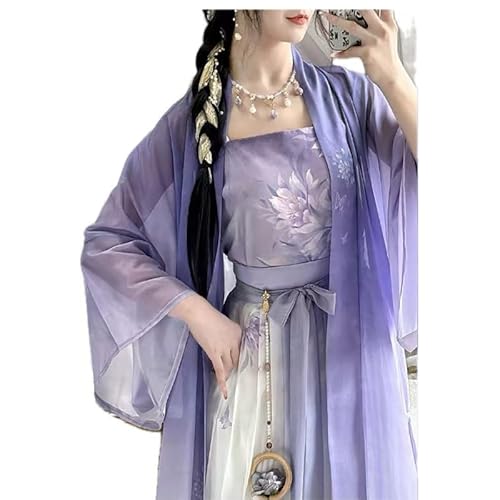 Chinese Hanfu Women Traditional Cosplay Costume Ancient Song Dynasty 2025 Summer Purple Print Hanfu 3pcs Suit (M)