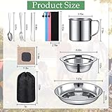 Lallisa 44 Pcs Outdoor Camping Cookware Mess Kit Polished Stainless Steel Dishes Camping Utensils Portable Tableware with Plates Cups Spoons Forks Knives Mesh Bag for Backpacking Hiking, 6 Person Set