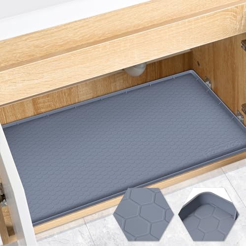 FORWOS Waterproof Under Sink Mat 34" x 22", Silicone Cabinet Liner, Rubber Protector for Kitchen and Bathroom, Keeps Cabinets Clean, Dry, and Organized (Grey)