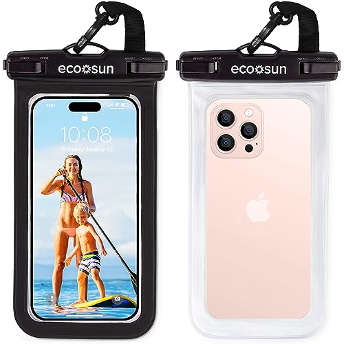 Eco Sun Waterproof Phone Pouch (2-Pack) — Designed in Hawaii — Case Fits All iPhones (incl. 16 Pro Max), Samsung Galaxy S24 Ultra & More Black/Clear