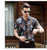 Yonititeee Mens Flower Embroidery Fishnet See Through Lace Short Sleeve Shirt Black Chest 39"