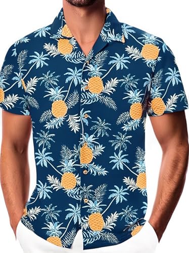 Damipow Mens Unique Pattern Hawaiian Shirt Beach Tropical Button Up Shirts Vacation Cruise Hawaii Summer Clothes,Navy,S