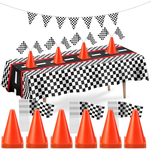 Racing Cars Birthday Decorations - Racecar Centerpiece Decoration Kit for Kids - (12) Orange Traffic Cones, (24) Checkered Flags, Plastic Tablecloth (54"x108") Birthday Banner Race Car Theme (38pcs)