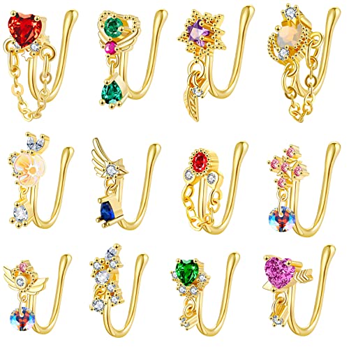 SEENI 12 PCS Fake Nose Ring Ear Cuff Clip on Helix Cartilage Earring Non Piercing Faux Nose Cuffs for Non Pierced Nose Fake Septum Nose Ring (Gold plating)