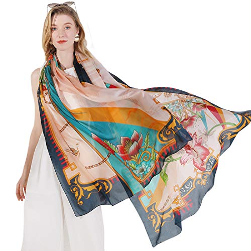 DANA XU Women's 100% Mulberry Satin Silk Pashmina Shawl Wraps Extra Large Floral Scarf for Evening Dresses, Soft Oversized