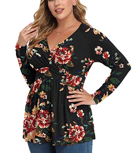 TIANZHU Plus Size Tops For Women Wrap V Neck Baby Doll Shirt Short Sleeve Tunic Dress Top Loose Blouse Babydoll Winter Clothe Floral Sexy Cute Maternity Outfit 2X F Rose Black