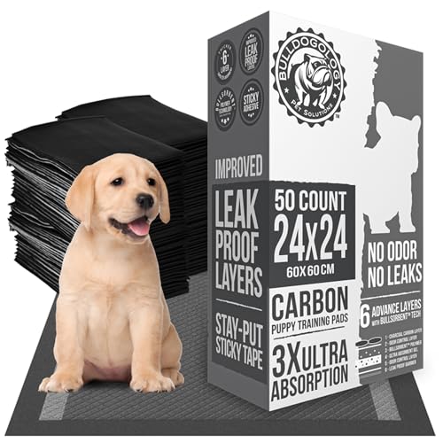 Bulldoglogy 50-Count Carbon Black Puppy Training Pads with Adhesive Tape 24x24 - Large Charcoal Housebreaking Dog Training Wee Pads, Odor Control Thick Pee Pads for Dogs Extra Quick Dry Polymer Tech