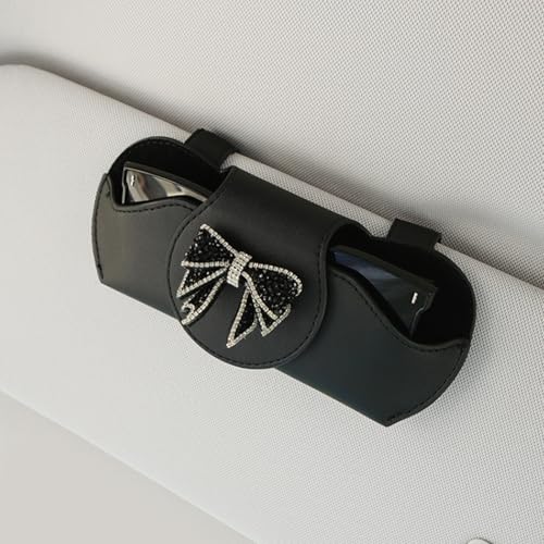 DYEKNEE 1 PC Car Sun Visor Sunglasses Box Holder, 7.09" x 3.15" with Black Diamond Bowknot Buckle Glasses Clip, Car Sunglasses Stable Storage Clip, Universal for Most Cars (Black)