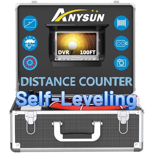 Sewer Camera with Self-Leveling, Built-in Distance Counter, Can Connect External Monitor, Zoom in and Out, IP68 Waterproof, 12 pcs Adjustable Light, Plumbing Drain Video Cam with DVR (100FT)